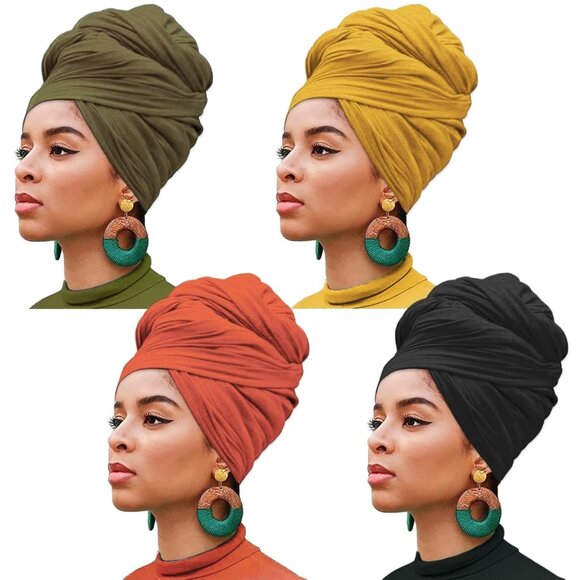 Women Black Harewom 4 Piece Stretch Jersey Head Scarf Lightweight Turban Wraps